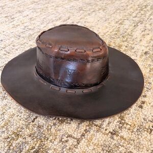 Leather Cowboy Hat Brown w Horse & Bull Embroider Hand Woven 15” Length (N121)